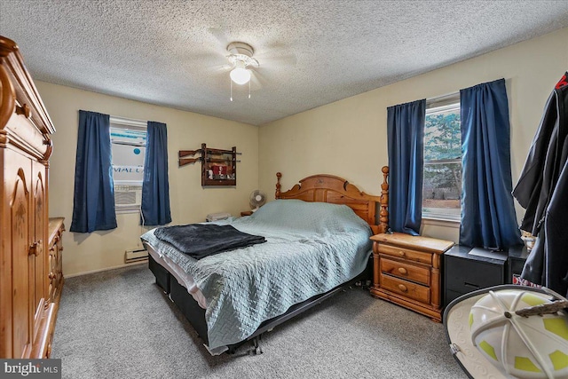 bedroom featuring carpet floors, a baseboard radiator, a ceiling fan, a textured ceiling, and cooling unit