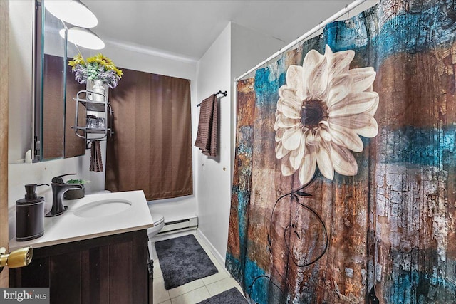 full bathroom featuring toilet, a baseboard heating unit, vanity, tile patterned flooring, and baseboards