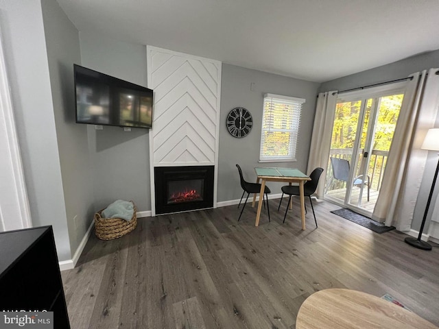 dining room featuring a large fireplace, baseboards, and wood finished floors