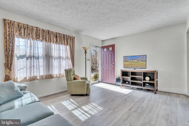 living area featuring a textured ceiling, baseboards, and wood finished floors