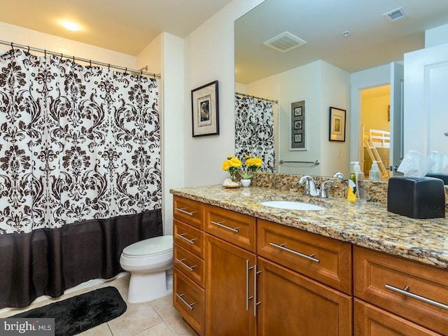 full bathroom with tile patterned flooring, visible vents, vanity, and toilet