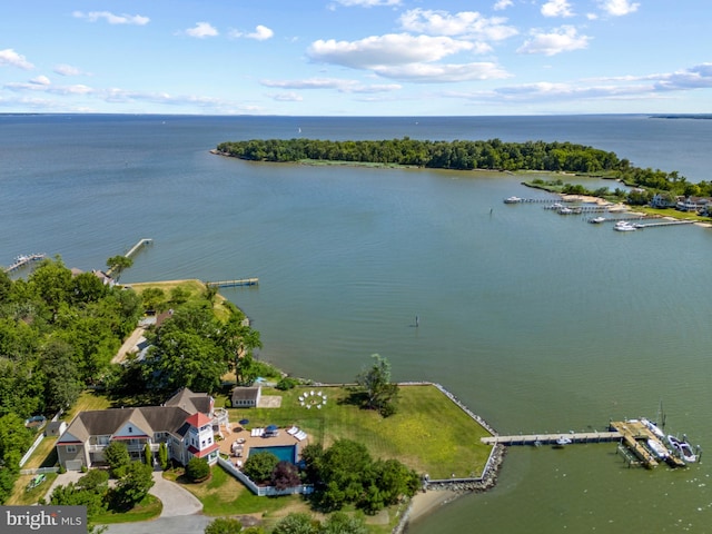 drone / aerial view featuring a water view