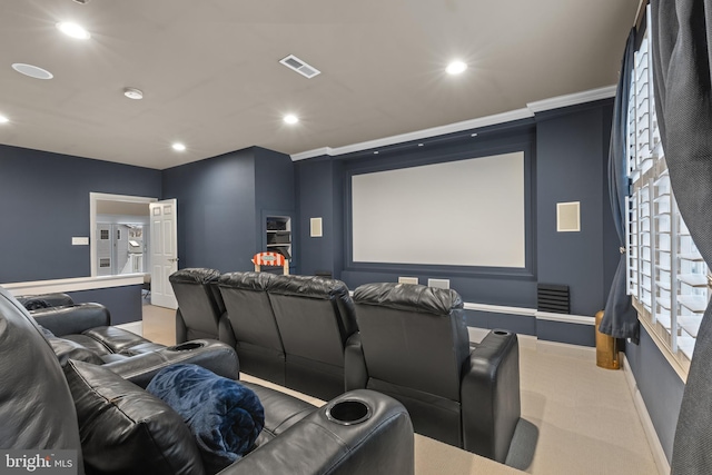 home theater with light carpet, baseboards, visible vents, and recessed lighting