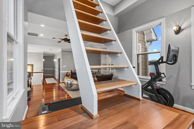 exercise area with ceiling fan, wood finished floors, visible vents, and baseboards