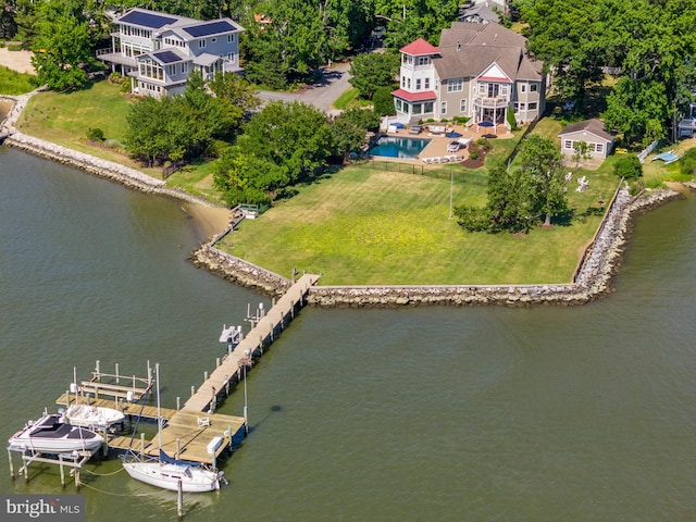 drone / aerial view with a water view