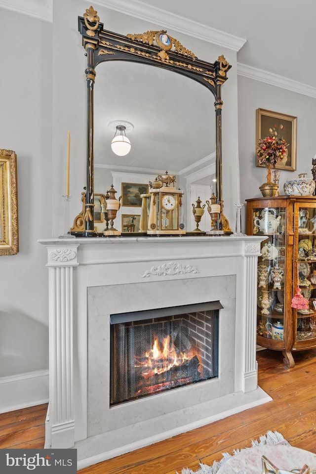 details with a warm lit fireplace, ornamental molding, wood finished floors, and baseboards