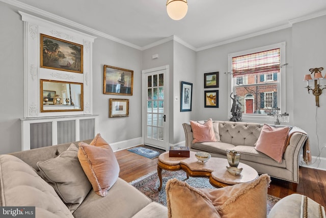 living room with crown molding, dark wood-type flooring, and baseboards