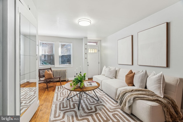 living room with radiator heating unit, baseboards, and light wood finished floors