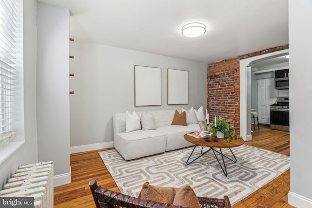 living room with radiator heating unit, baseboards, and wood finished floors