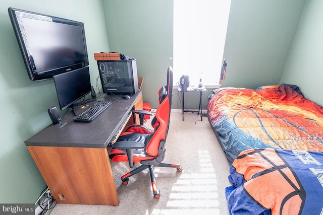 bedroom featuring light carpet