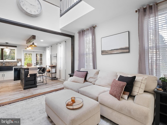 living room with french doors and light wood-type flooring