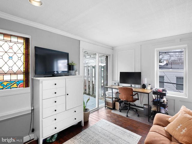 office area with a wealth of natural light, crown molding, and hardwood / wood-style floors