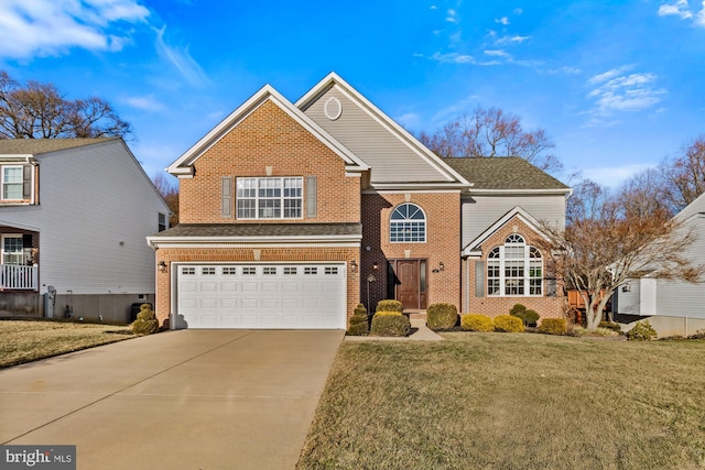 traditional home featuring a garage, brick siding, driveway, and a front lawn