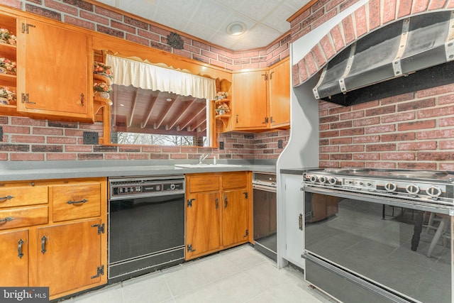 kitchen featuring black dishwasher, brick wall, stainless steel electric range, ventilation hood, and open shelves