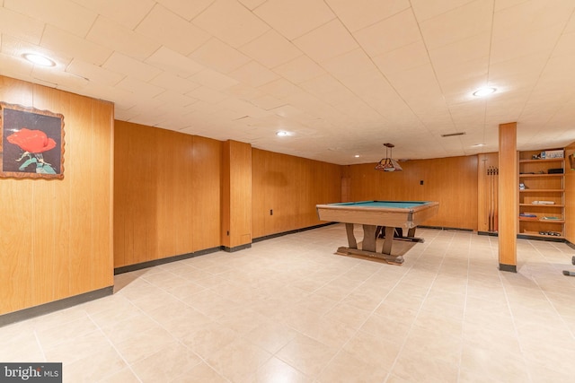 game room featuring baseboards, pool table, wood walls, and recessed lighting