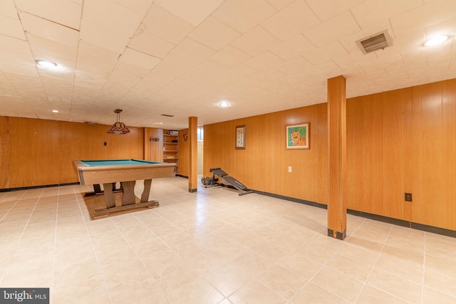 game room featuring recessed lighting, visible vents, billiards, and wooden walls