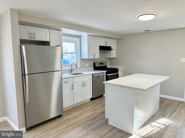 kitchen featuring stainless steel appliances, under cabinet range hood, a sink, and white cabinets