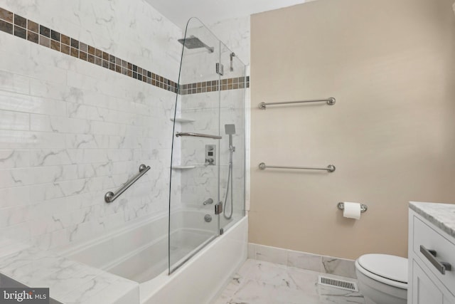 bathroom featuring baseboards, visible vents, shower / bath combination with glass door, marble finish floor, and vanity