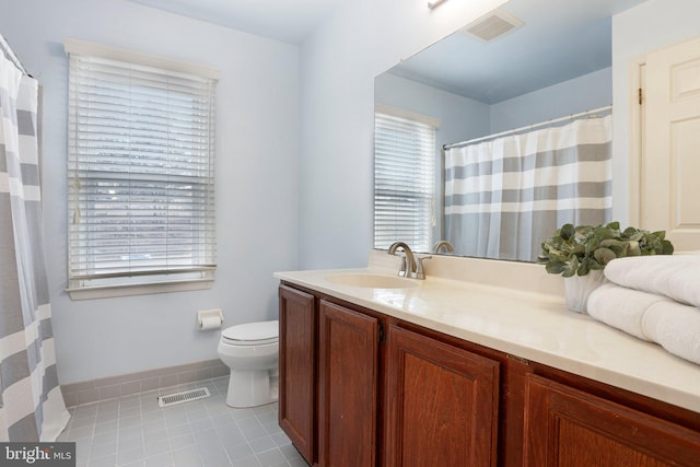 bathroom featuring toilet, vanity, tile patterned flooring, and visible vents