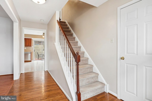 staircase with hardwood / wood-style flooring and baseboards