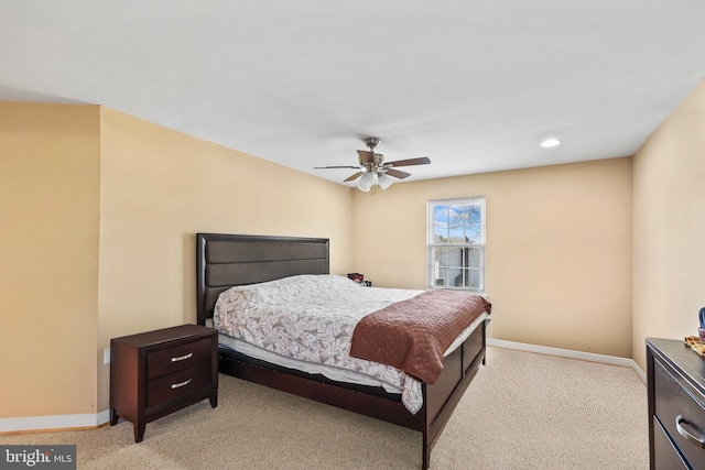 bedroom with a ceiling fan, recessed lighting, and baseboards