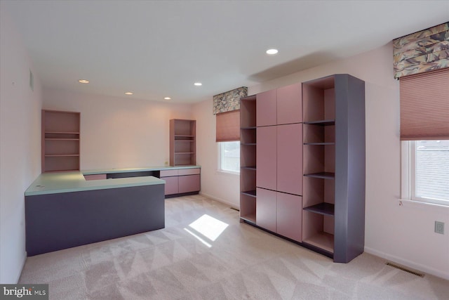 kitchen featuring plenty of natural light, open shelves, and light colored carpet