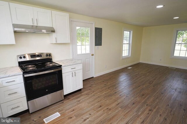 kitchen featuring visible vents, white cabinets, electric panel, under cabinet range hood, and stainless steel electric range