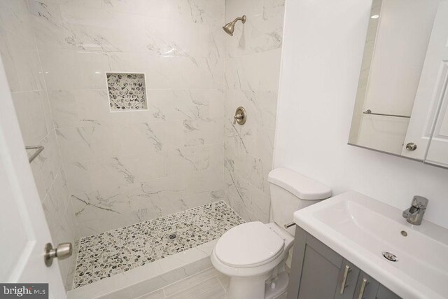 bathroom with toilet, a shower stall, and vanity