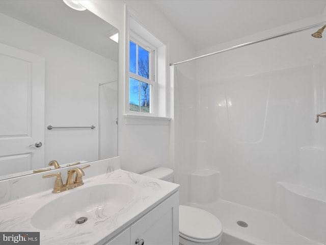 bathroom featuring a shower, vanity, and toilet