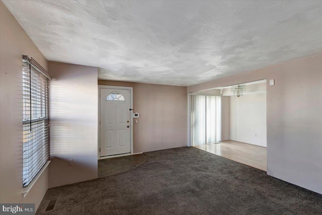 carpeted foyer entrance with a healthy amount of sunlight and a textured ceiling