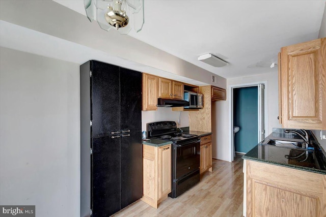 kitchen with light wood finished floors, a sink, black electric range, under cabinet range hood, and stainless steel microwave