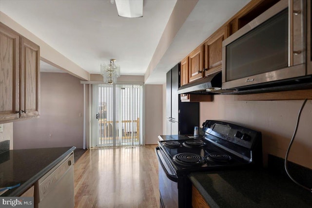 kitchen featuring light wood-style flooring, under cabinet range hood, stainless steel microwave, black / electric stove, and dishwashing machine