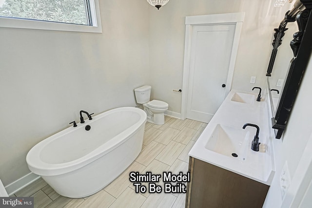 bathroom with double vanity, a soaking tub, and a sink