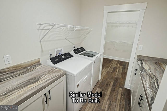 washroom with cabinet space, washing machine and clothes dryer, dark wood finished floors, and baseboards