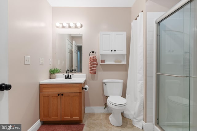 full bath featuring curtained shower, vanity, toilet, and tile patterned floors