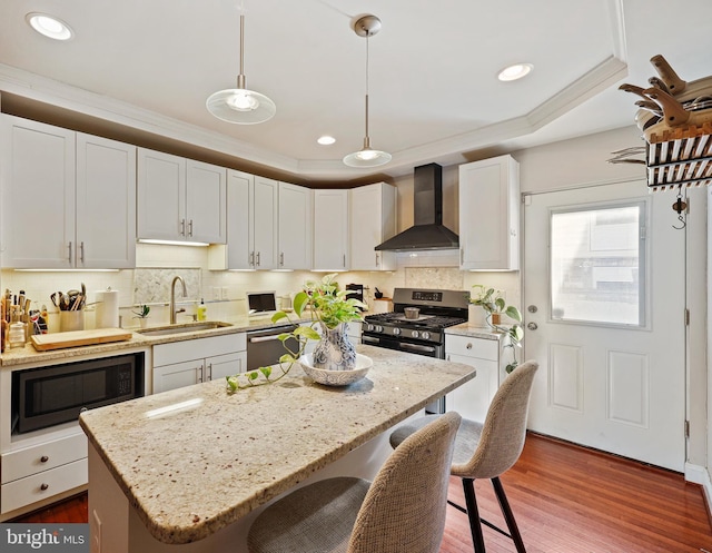 kitchen featuring a tray ceiling, decorative light fixtures, appliances with stainless steel finishes, a sink, and wall chimney exhaust hood