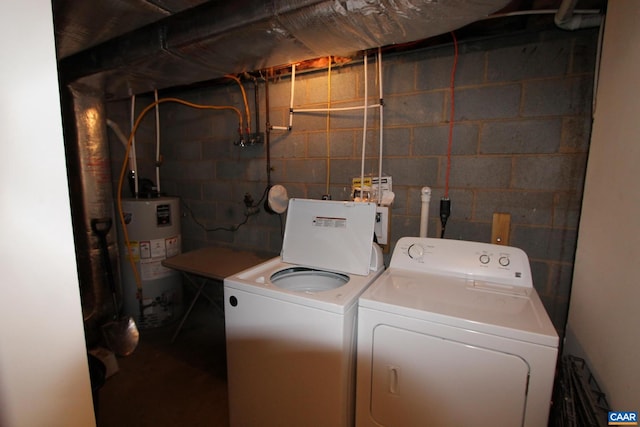 washroom with laundry area, water heater, and washer and clothes dryer