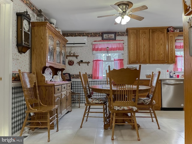 dining area featuring wallpapered walls, ceiling fan, light floors, and a wall mounted AC