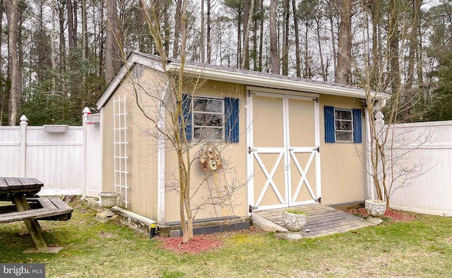 view of shed featuring a fenced backyard