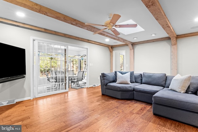 living area featuring beam ceiling, visible vents, light wood-style flooring, and baseboards