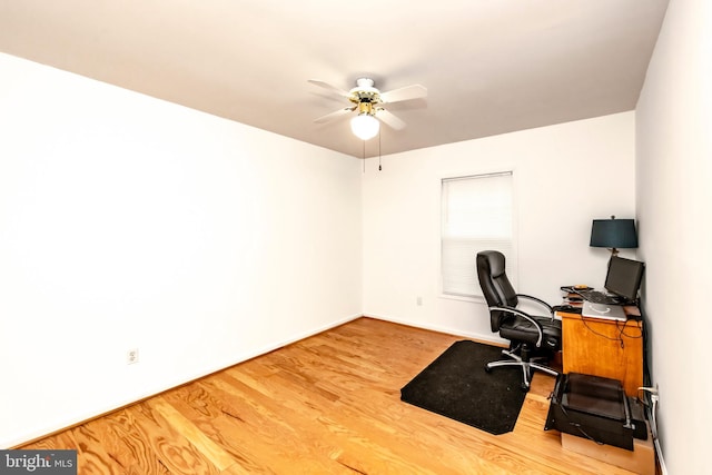 office featuring ceiling fan, baseboards, and wood finished floors