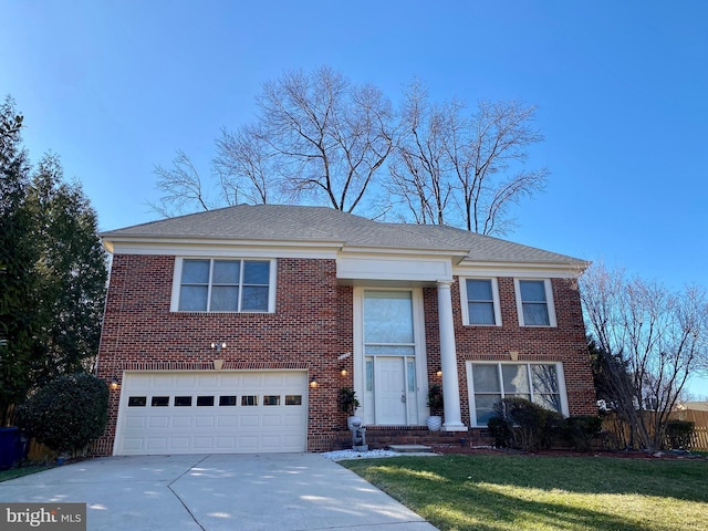 view of front of house with brick siding, roof with shingles, concrete driveway, an attached garage, and a front yard