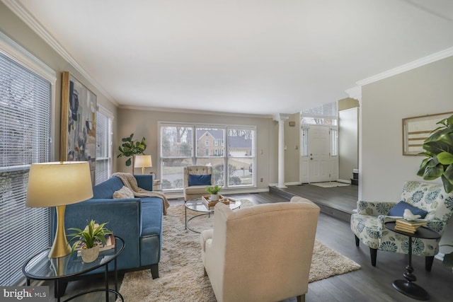 living area with ornamental molding, decorative columns, baseboards, and wood finished floors