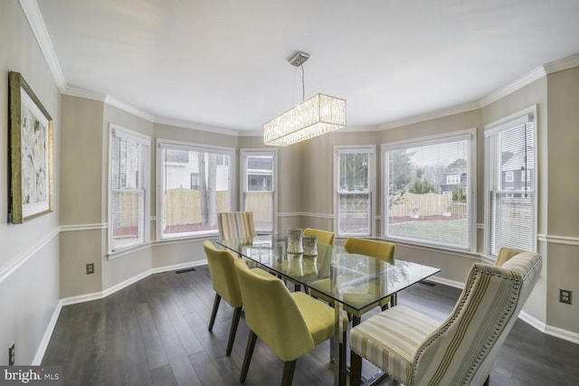 dining space with ornamental molding, dark wood finished floors, visible vents, and baseboards