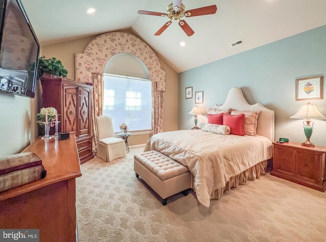 carpeted bedroom featuring recessed lighting, visible vents, vaulted ceiling, and ceiling fan