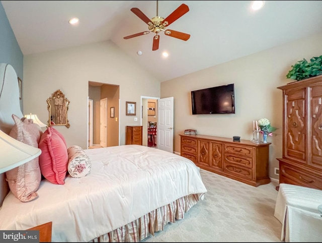 bedroom with lofted ceiling, light colored carpet, ceiling fan, and recessed lighting