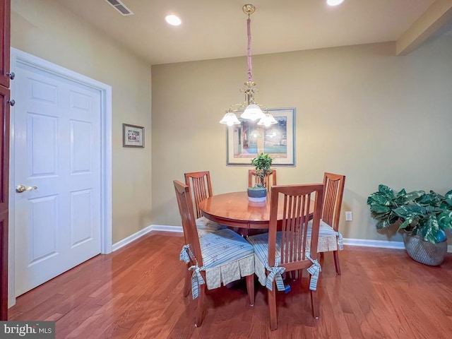 dining space featuring recessed lighting, wood finished floors, and baseboards