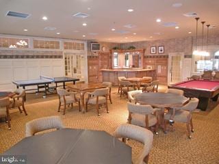 game room with pool table, visible vents, and recessed lighting