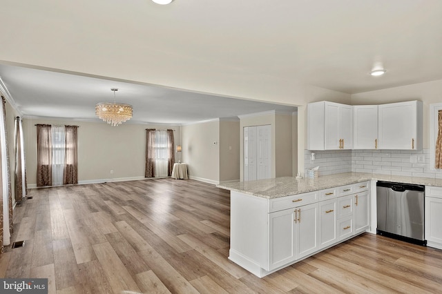 kitchen featuring decorative backsplash, stainless steel dishwasher, open floor plan, white cabinets, and a peninsula