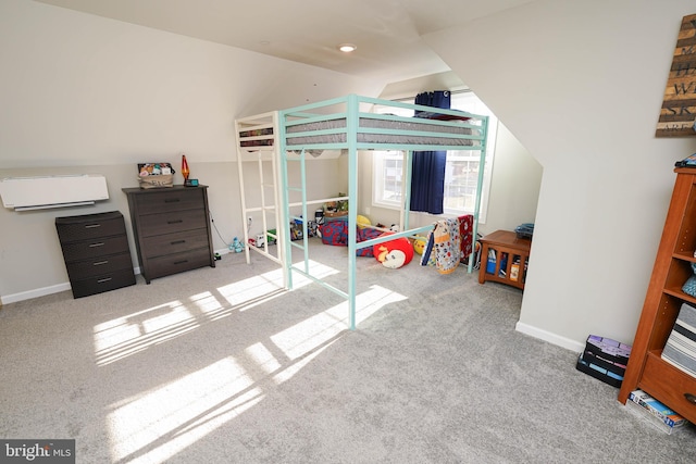 bedroom featuring light carpet, vaulted ceiling, and baseboards